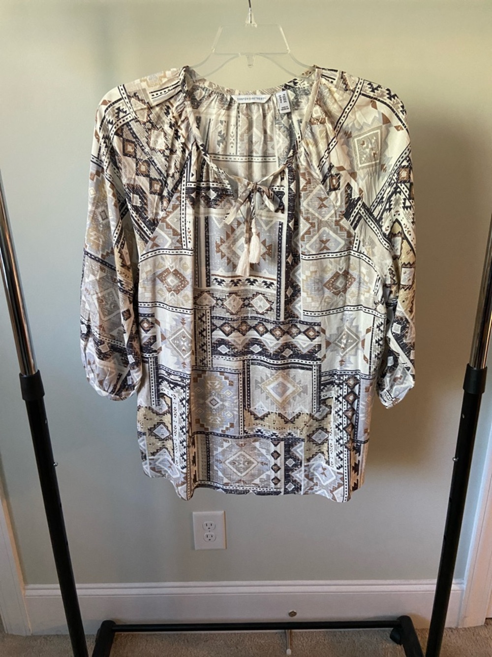 Canyon Retreat Neutral Geo-Print Tie-Front Peasant Blouse